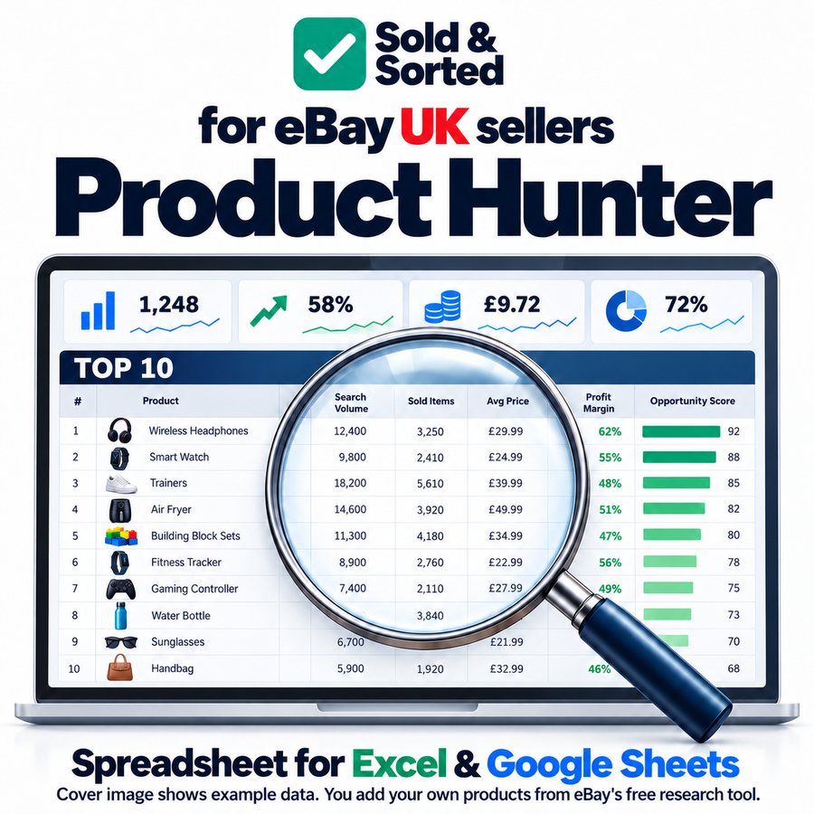 eBay UK Product Hunter spreadsheet showing a ranked Top 10 table